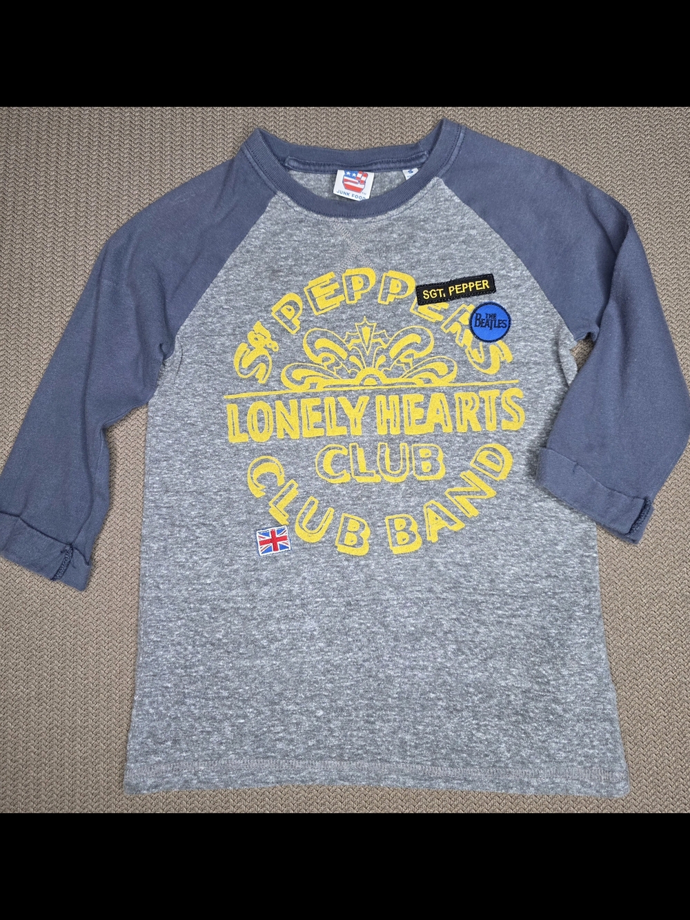 The Beatles Kids Raglan Tee in Gray and Navy - Lonely Hearts Club Design